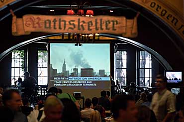 Photo of students in Rathskeller watching TV coverage of terrorist attacks.