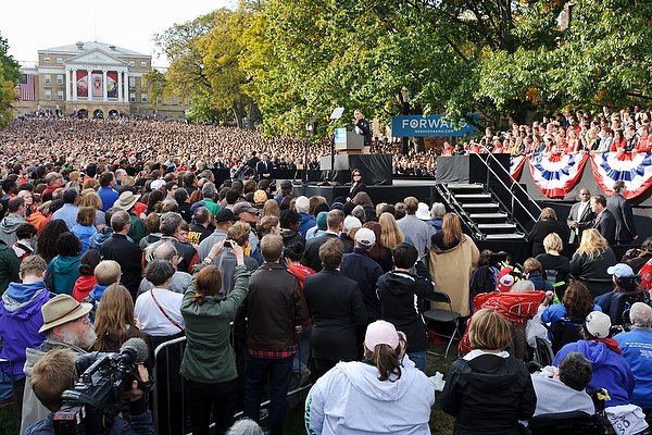 Standing shoulder-to-shoulder -- starting at Bascom Hall and flowing downward -- a sea of spectators filled Bascom Hill and listened to President Barack Obama during his stop in Madison.