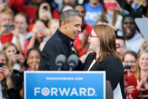 Undoubtedly a moment she will never forget, Katherine “Katie” Iliff, a UW senior and Wisconsin native, introduces the president as the crowd awaits his speech.