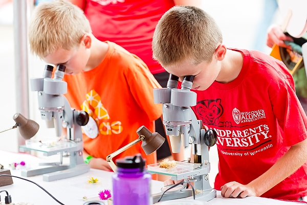 Rolan Gray, left, and Sean Gray, right, take a very close look at plant specimens at a Botany Science station.