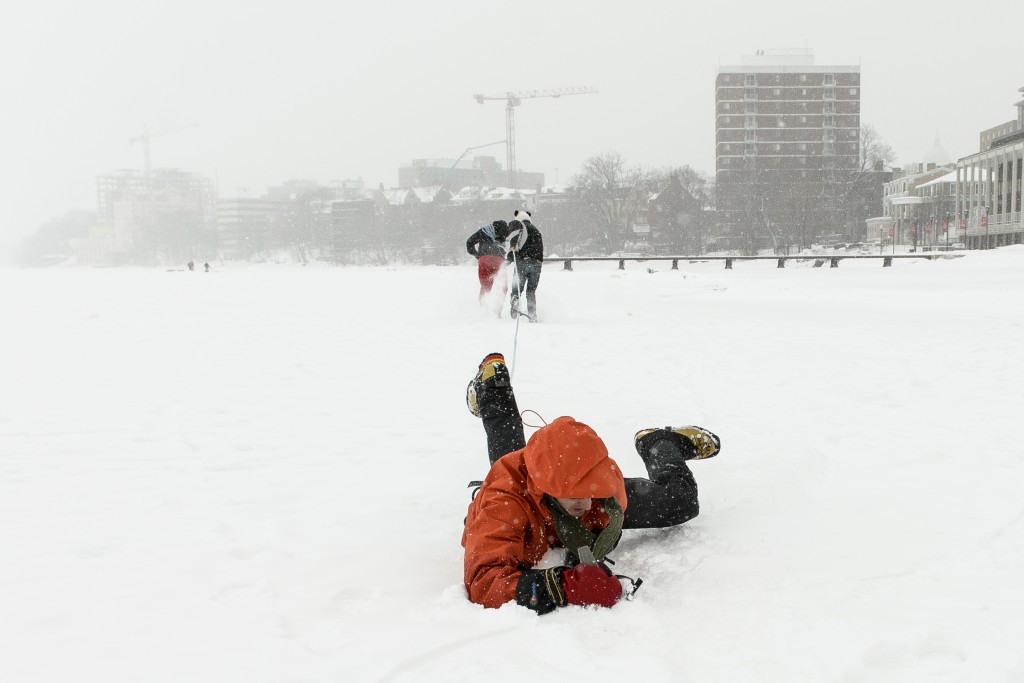 Members of the Hoofers Mountaineering Club took to the ice to hold an exercise in which they simulate rescuing a climber during a mountainside fall.