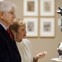 Donors Jerome and Simona Chazen study “Monument,” a sculpture by Spanish artist Joan Miro, on display in a third-floor gallery at the Chazen Museum of Art during a 2011 open house for the campus community for the museum’s expansion.