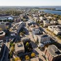 This central campus area of Madison is characteristic of the urban heat island effect, in which densely built areas of a city retain heat more than their nonurban surroundings.