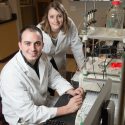 Jon Behringer and Darcia Schweitzer, participants in the M.S. in biotechnology degree program, in the Biomanufacturing Teaching Lab at the MG&E Innovation Center in UW–Madison’s University Research Park.
