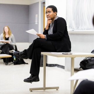 Keisha Lindsay, assistant professor in the departments of Gender and Women's Studies and Political Science, teaches a Contemporary Feminist Theories class in Ingraham Hall at the University of Wisconsin-Madison on Feb. 9, 2016. Lindsay is one of twelve 2016 Distinguished Teaching Award recipients. (Photo by Jeff Miller/UW-Madison)