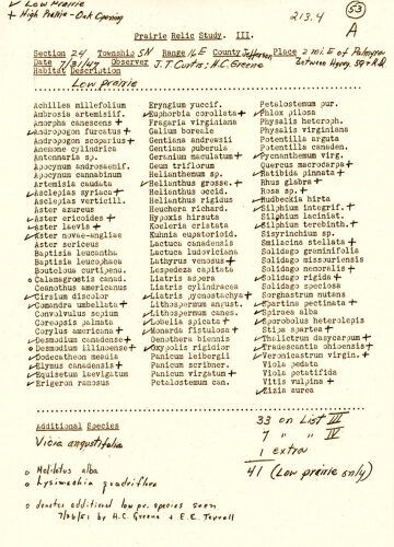 One of John Curtis’ original data sheets from his 1950s prairie relic study.