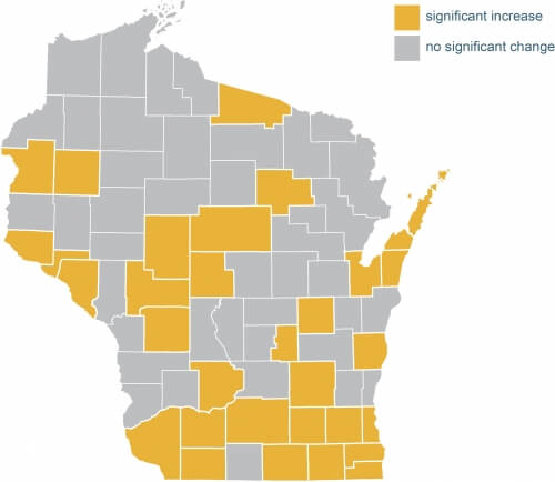  Poverty in the 2010-2014 period increased significantly in 31 of the 72 Wisconsin counties, including 11 of our 15 most populous counties. No county had a significant decrease.