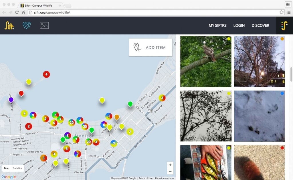 Siftr users set up pages around topics — in this case, urban wildlife — and participants upload images according to a direction set by the person organizing a Siftr. The page then generates a map, placing whatever object or phenomenon in its spatial context. 