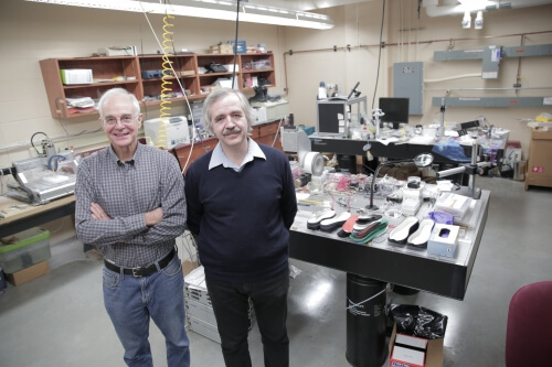  J. Ashley Taylor (left) and Tom Krupenkin showing prototypes in their lab.