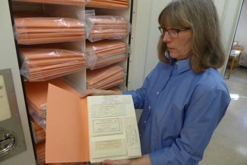 Mary Ann Feist, curator at the Wisconsin State Herbarium, with folders holding the George Washington Carver plant disease fungus samples discovered Feb. 8, 2016, ready for databasing. 