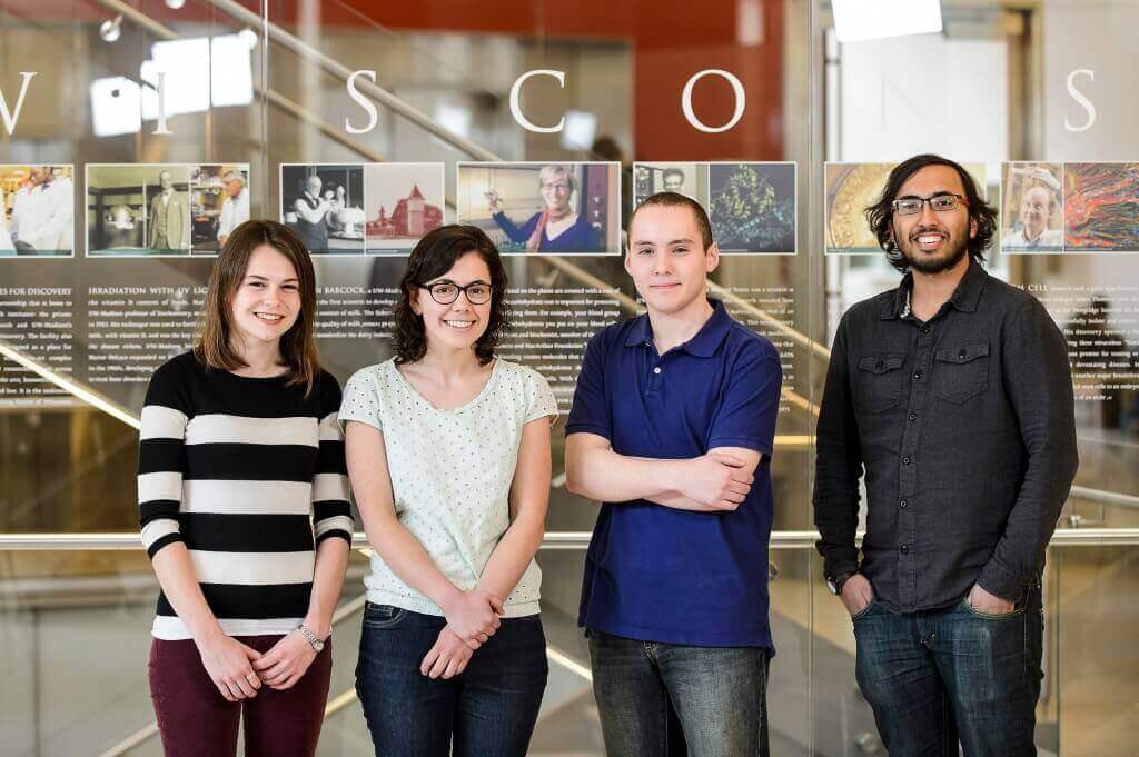 From left to right, undergraduates Bailey G. Flanigan, Hannah M. Mast, Idris Boukahil and Thejas S. Wesley are UW–Madison's recipients of the 2016 Barry M. Goldwater Scholarship for undergraduate excellence in the sciences.