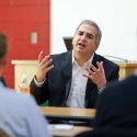 Anthony Shadid (center) speaks to a group of journalism students in a Vilas Hall classroom in December 2010.