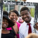 Everett Mitchell poses for a photo with, left to right, Queen Turner and Missey Russell at the second annual South Madison International Community Night. Mitchell counts the university's expanded presence in South Madison as one of his biggest achievements.