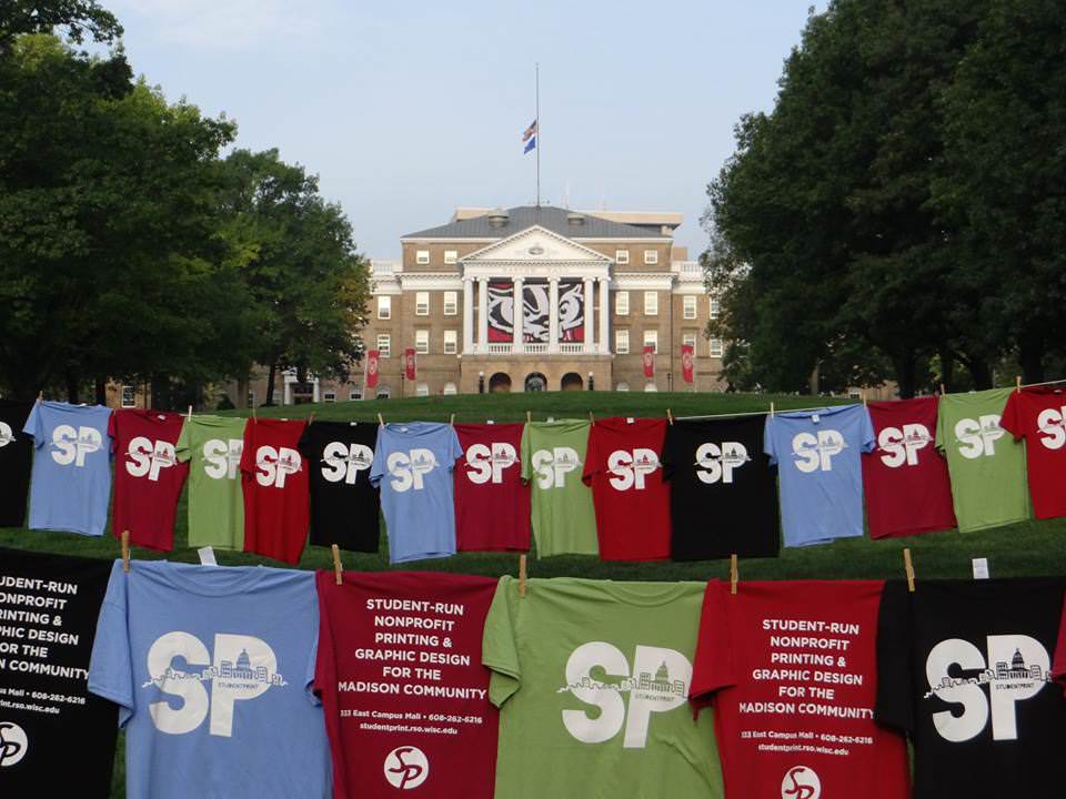 Photo: Screen printed t-shirts in front of Bascom Hall