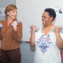 Kim Gretebeck, assistant professor of nursing at UW–Madison, and Pamela Bracey demonstrate the exercise program Gretebeck has developed for senior citizens.