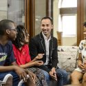 Joshua Moon Johnson, assistant dean of students and director of the Multicultural Student Center in the Division of Student Life, meets with students at the University of Wisconsin-Madison on Sept. 9, 2014. (Photo by Bryce Richter / UW-Madison)