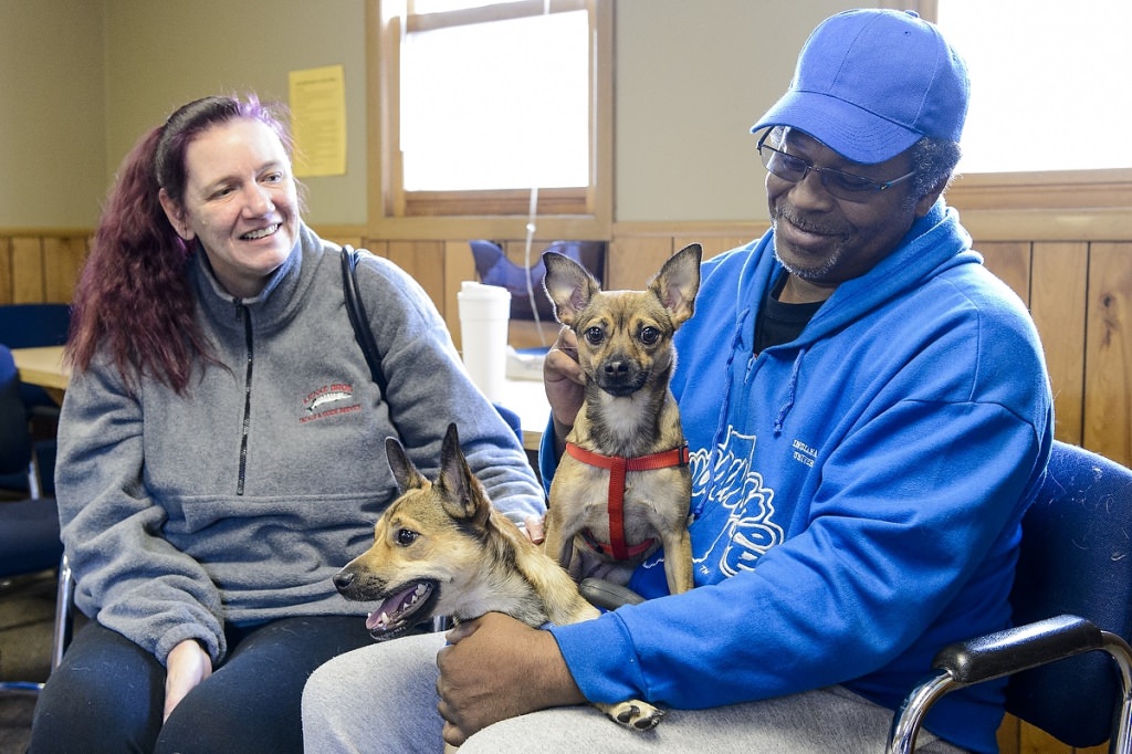 Owners Clarence (right) and Kelly wait with their dogs Ike (left) and Tina to see the vet at a Wisconsin Companion Animal Resources, Education and Social Services (WisCARES) clinic in Madison. WisCARES is one of the winners of this year's Ira and Ineva Reilly Baldwin Wisconsin Idea Endowment grants.