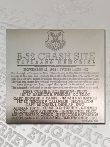 Tom Sybert hopes to post this 11-inch-square plaque memorializing nine U.S. airmen at the site where their B-52 bomber crashed on Nov. 18, 1966, near Hauer in northwestern Wisconsin. 