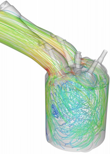 In this simulation of the intake stroke of a four-valve gasoline engine, CONVERGE software shows fastest gas velocity in red and slowest in blue. Intake valves, left, are open and the piston is approaching the bottom of its stroke. The spark plug, top center, is inside a pre-chamber that helps raise efficiency. 