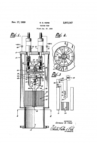 This is the sketch for a 1959 patent for a vacuum pump, from Raymond G. Herb. Ion pumps were invented in the middle of the 20th century. Free of oil or moving parts, the technology would help make new, high precision research tools possible such as the scanning probe microscope. This design worked on a small scale and was capable of producing an impressively high vacuum. 