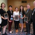 (from left) Julie Bauer, Kristin Plessel, Nicole Maala, Jennifer Smilowitz, Catherine Finedore, M. Keith Thompson, and Jim Henderson, UW System Vice President for Academic and Student Affairs. Not pictured: Janerra Allen and Angela Yang.