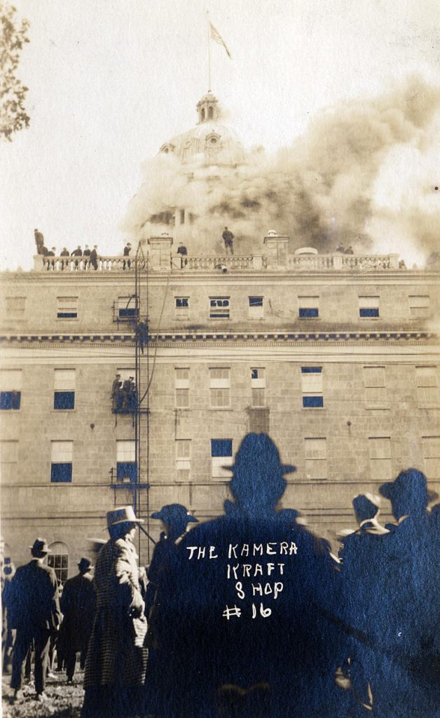 View from the ground of Bascom Hall's dome on fire on Oct. 10, 1916. The fire of unknown origin destroyed the dome, but the rest of the building was saved.