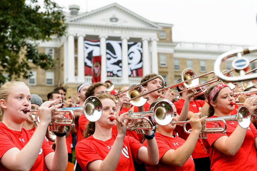 The UW Marching Band chimes in.