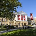 Bascom Hall with an All Ways Forward banner