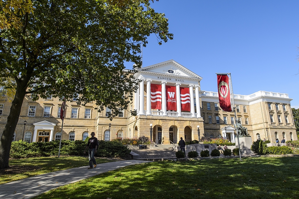 Bascom Hall with an All Ways Forward banner