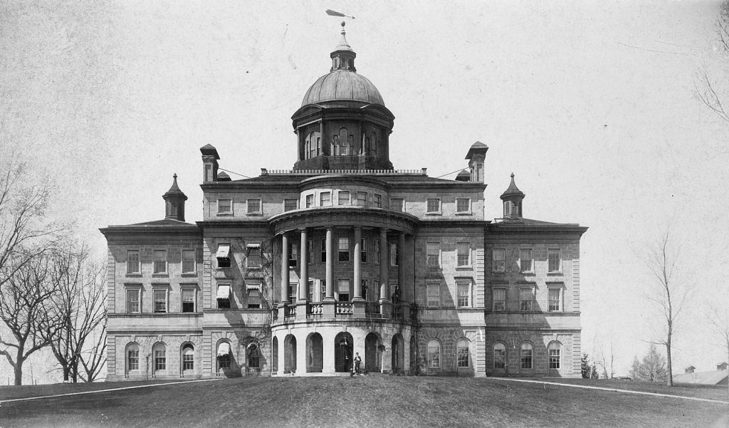 Bascom Hall, built in 1859 and known variously through its history as University Hall and Main Hall, still has its original rounded portico and dome in this photo. 