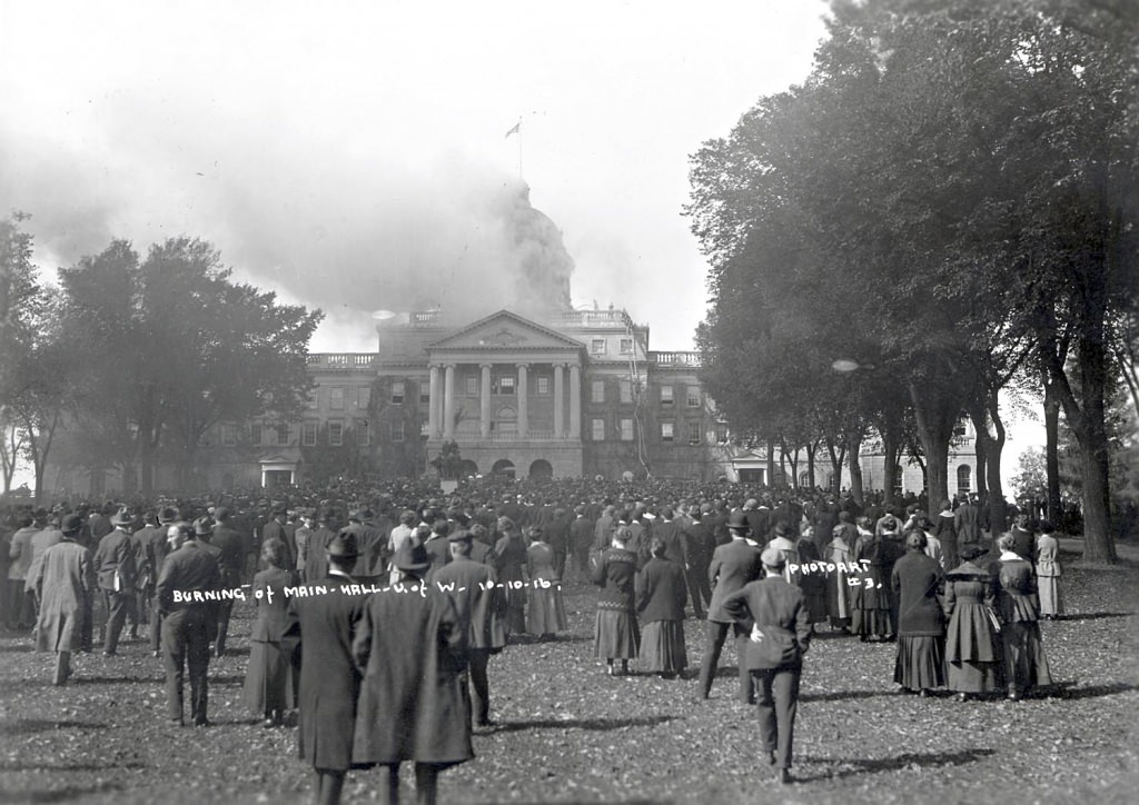 Many of UW-Madison's nearly 5,000 students, and numerous  other people, gathered to try to fight the fire. It was extinguished when the dome fell into a water cistern. 