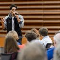 UW student Deshawn McKinney speaks In during a public roundtable discussion in 2014.