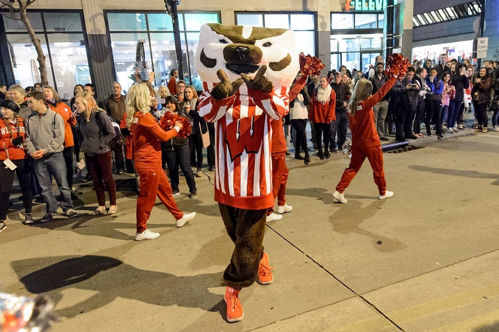 Bucky Badger waves to the thousands of spectators lining State Street.