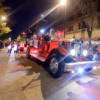 The Bucky Wagon lights up the night.