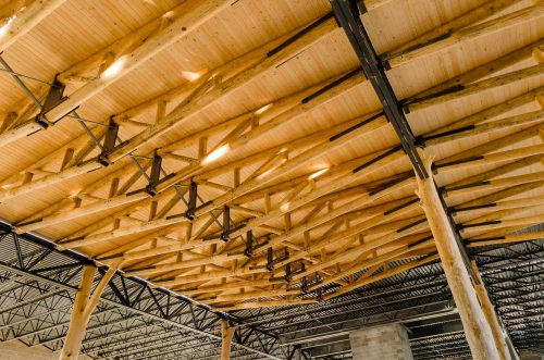 Award winner WholeTrees designs and fabricates building components from culled trees that are too small or odd-shaped to have value as saw timber. Pictured is the roof structure at Festival Foods, Madison. “Nationally, poorly managed forests are a big problem,” said CEO Amelia Baxter. “These thinnings are all considered junk. There’s no millable yield, no tax advantage so these forests will eventually be developed or cleared. We try to find the highest value for these cullings, which is to use them for their innate structure capacity.” 