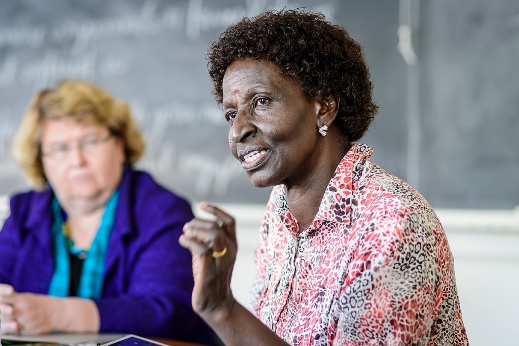 Ruth Ojiambo Ochieng, executive director of the Isis-Women International Cross-Cultural Exchange in Kampala, Uganda, speaks during an interview session on Sept. 14 in Sterling Hall.