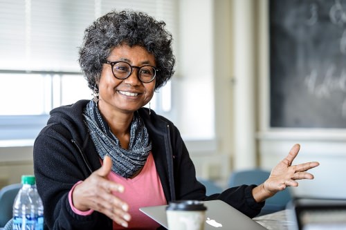 Ayesha Imam, a Nigerian researcher, speaks at Sterling Hall on Sept. 14. Members of the steering committee for the Women and Peacebuilding in Africa project described their perspective on the reality behind the headlines about the many conflicts that have beset Africa in recent decades. 