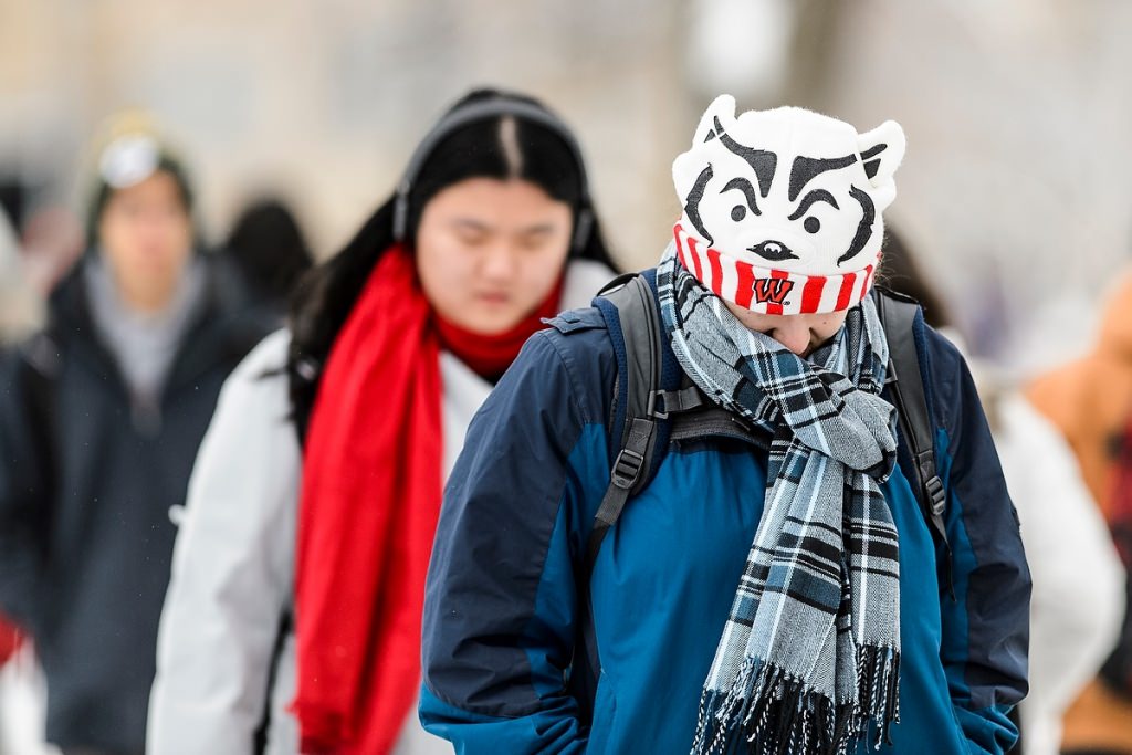 Photo: Student bundled in Bucky hat