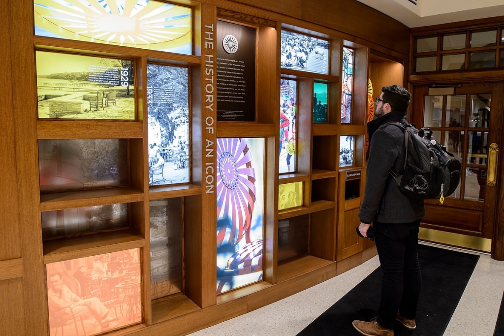 Photo: The history of Memorial Union is told in a colorful illuminated display.