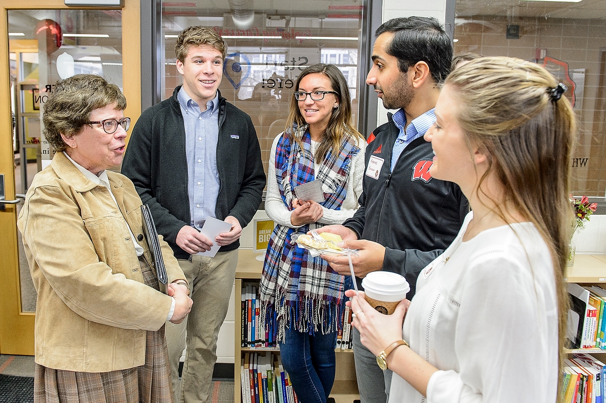 UW Chancellor Rebecca Blank speaks with students during a grand opening ceremony at the Career Exploration Center (CEC) inside Ingraham Hall.