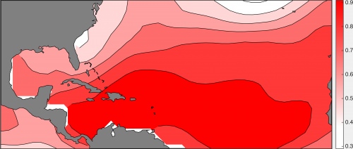  Pattern showing how sea surface temperature (SST) varies in the Atlantic. When SST is abnormally warm in the tropics, it is much less so along the U.S. coast.