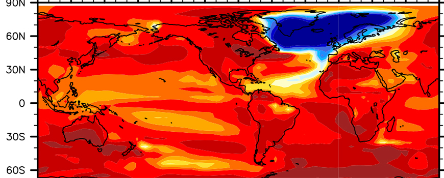 This image shows the North Atlantic Ocean cooling scenario following a collapse of Atlantic meridional overturning circulation. 