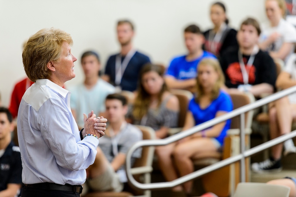 Lori Berquam, vice provost for student life and dean of students, makes closing remarks based on the theme "are you ready?" while speaking to incoming first-year undergraduates during a Student Orientation, Advising and Registration (SOAR) session in a Sterling Hall classroom in June.