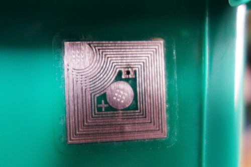 No room for error: An Endries parts bin carries a bar code and two RFID tags. 