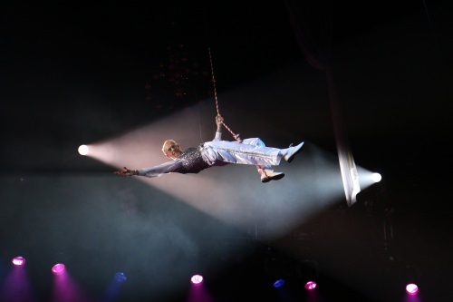 Photo of Mike Leckrone on the high wire.