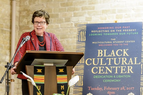 Chancellor Rebecca Blank speaks the decication for the new Black Cultural Center.