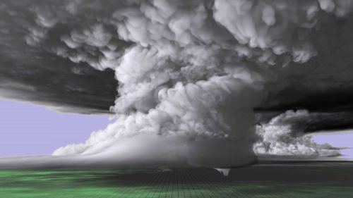 A colorized image of the tornado-producing supercell nearly 20 miles long and 12 miles high. The imagery from the simulation was built upon real world data collected near the May 24, 2011 supercell, which spawned several tornadoes including the EF-5 that touched down near El Reno and Oklahoma City, Oklahoma.