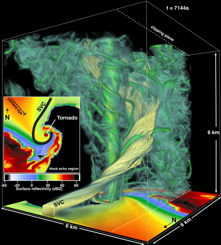 A colorized image of the tornado-producing supercell nearly 20 miles long and 12 miles high. The imagery from the simulation was built upon real world data collected near the May 24, 2011 supercell, which spawned several tornadoes including the EF-5 that touched down near El Reno and Oklahoma City, Oklahoma.