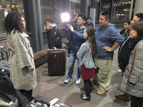 Kayla being interviewed just outside Narita International Airport, shortly after our arrival. In addition to the other students, we can see Mr. Shimada (cameraman) and Ms. Norie Takata of Cosmo Space of America.