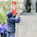 Students from the Milwaukee Excellence Charter School take a tour of Bascom Hill and learn about the history of its buildings and the Abraham Lincoln statue during a Bucky's Classroom event at the University of Wisconsin-Madison on April 27, 2017. Bucky's Classroom is a UW outreach program design to partner with K-8 Wisconsin schools to promote the value of higher education and provide classroom resources and an opportunity to directly engage with university students. (Photo by Bryce Richter / UW-Madison)